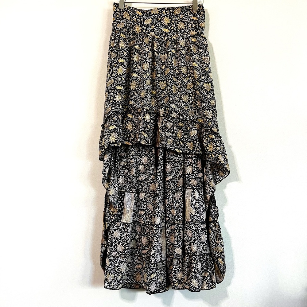 PAANI Floral Black/Gold High Low Women's Ruffled Maxi Skirt Small New with Tags